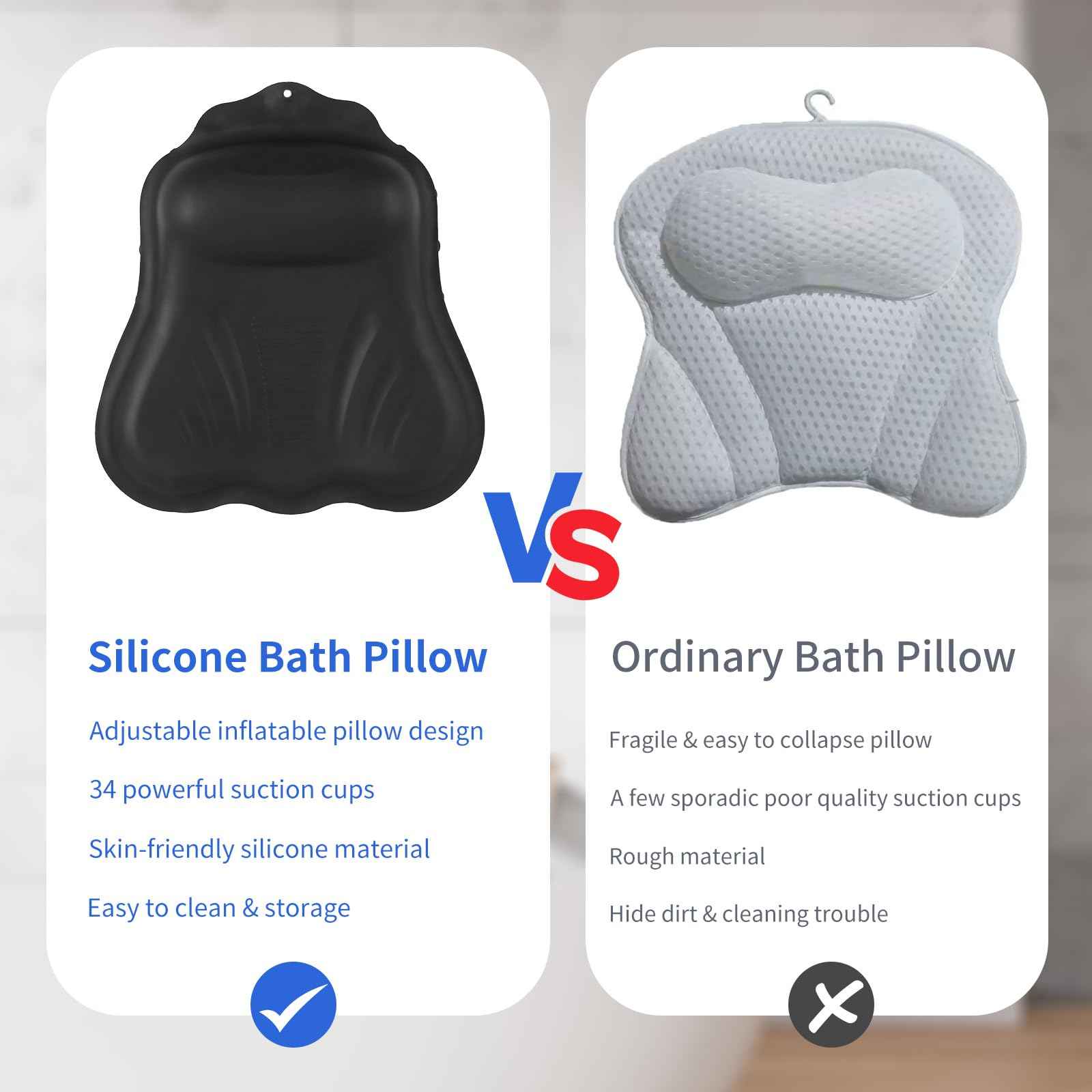 Goowin Bath Pillows for Tub, New Generation Skin-Friendly Silicone Bath Pillow, Luxury Bathtub Pillow for Head and Neck, Powerful Suction Tub Pillow for Bathtub with Inflatable Airbag (Black)