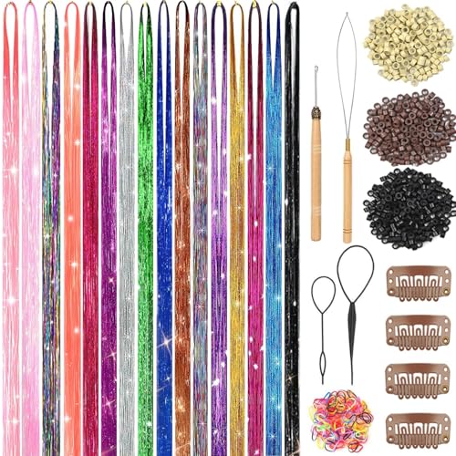 Hair Tinsel Kit - 48 Inch Glitter Extensions with 16 Colors
