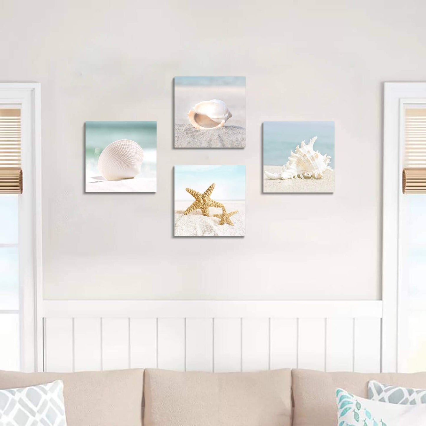 ARTISTIC PATH Starfish & Seashells Canvas Wall Art: Sandy Beach Seaside Graphic Artwork for Bathroom (12" W x 12" H x 4 PCS,Multi-Sized)