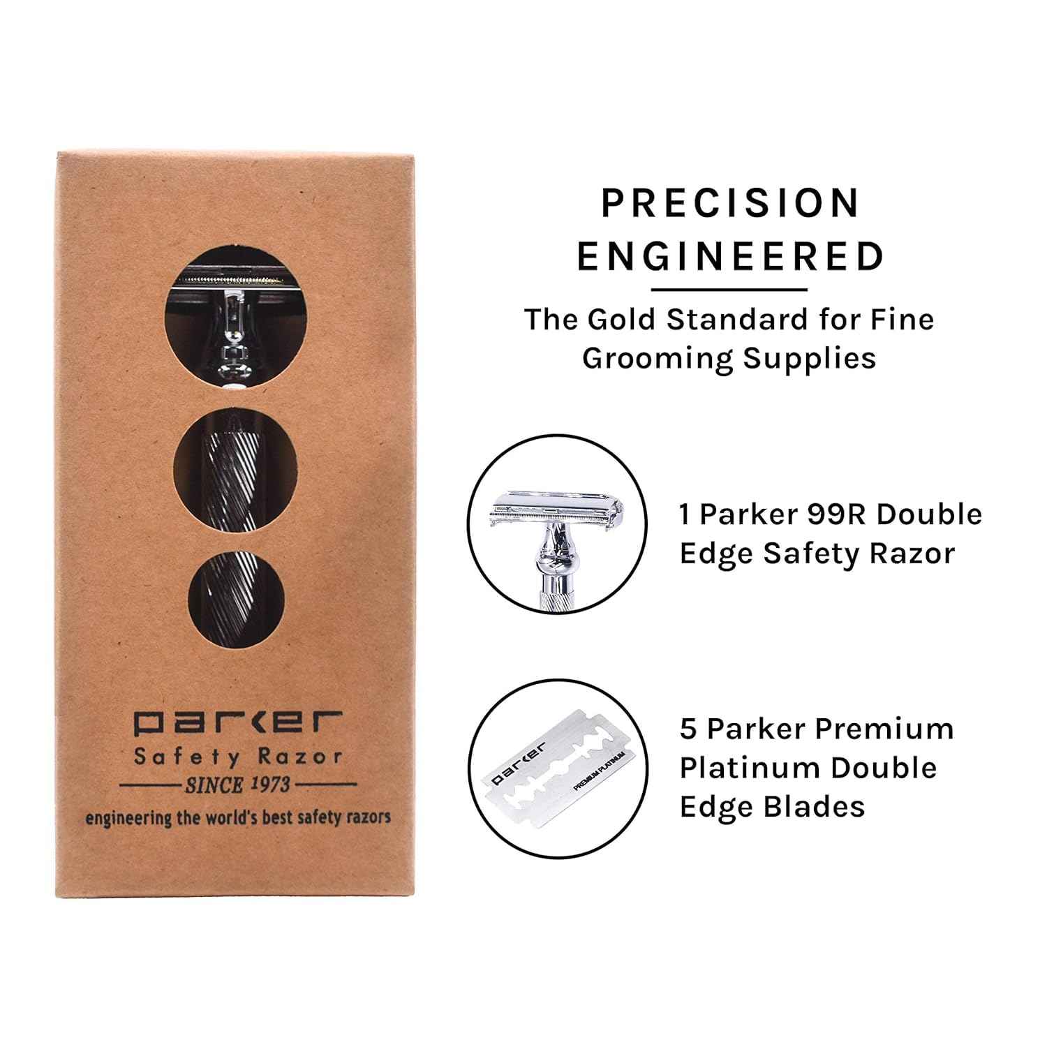 Parker 99R Chrome Long Handle Heavyweight Butterfly Open Double Edge Safety Razor for Men | 5 Parker Premium Platinum Double Edge Razor Blades Included | Iconic Brand