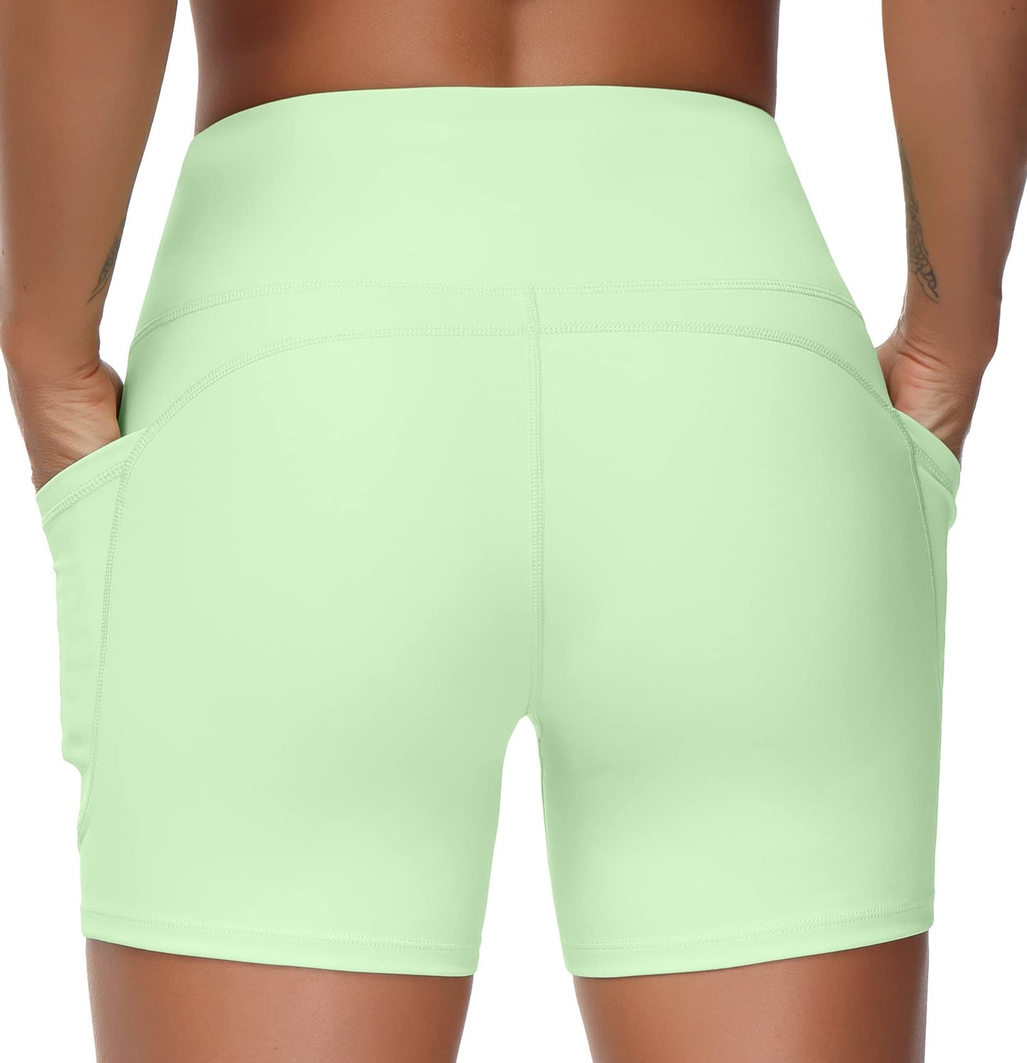 THE GYM PEOPLE High Waist Yoga Shorts for Women's Tummy Control Fitness Athletic Workout Running Shorts with Deep Pockets(Small, Pale Green)