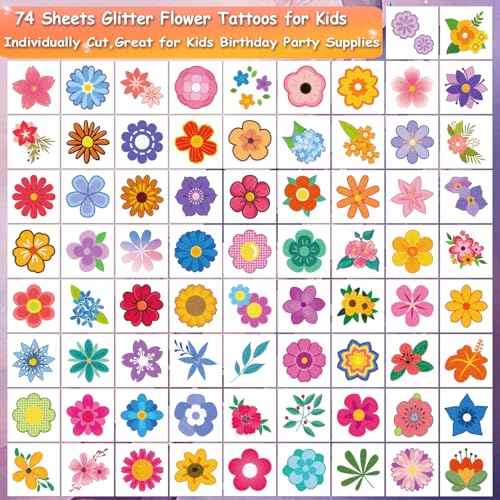 Glitter Flower Temporary Tattoos for Girls - 74 Individually Sheets | Waterproof & Easy Peel | Kids Birthday Party Favors, Flower Theme Decorations