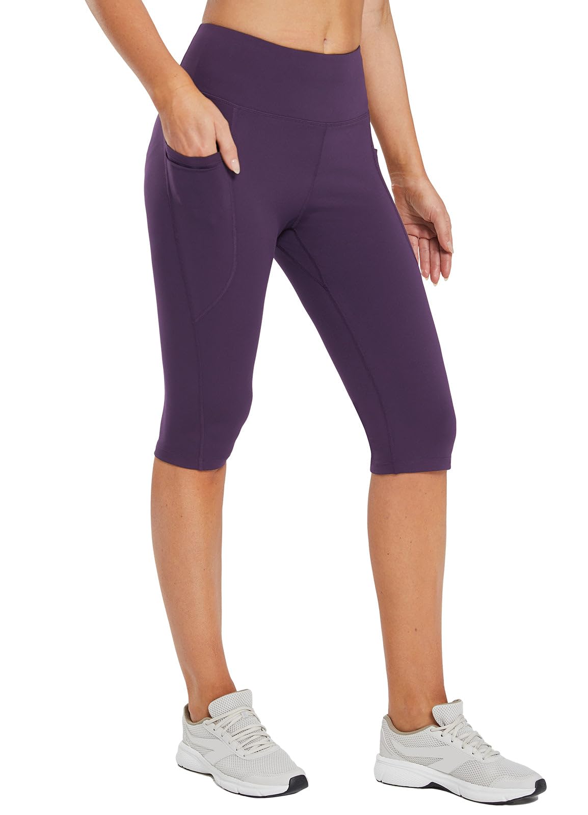 BALEAF Women's Capri Leggings Knee Length High Waisted Plus Size Yoga Casual Workout Exercise Capris with Pockets Shadow Purple XS