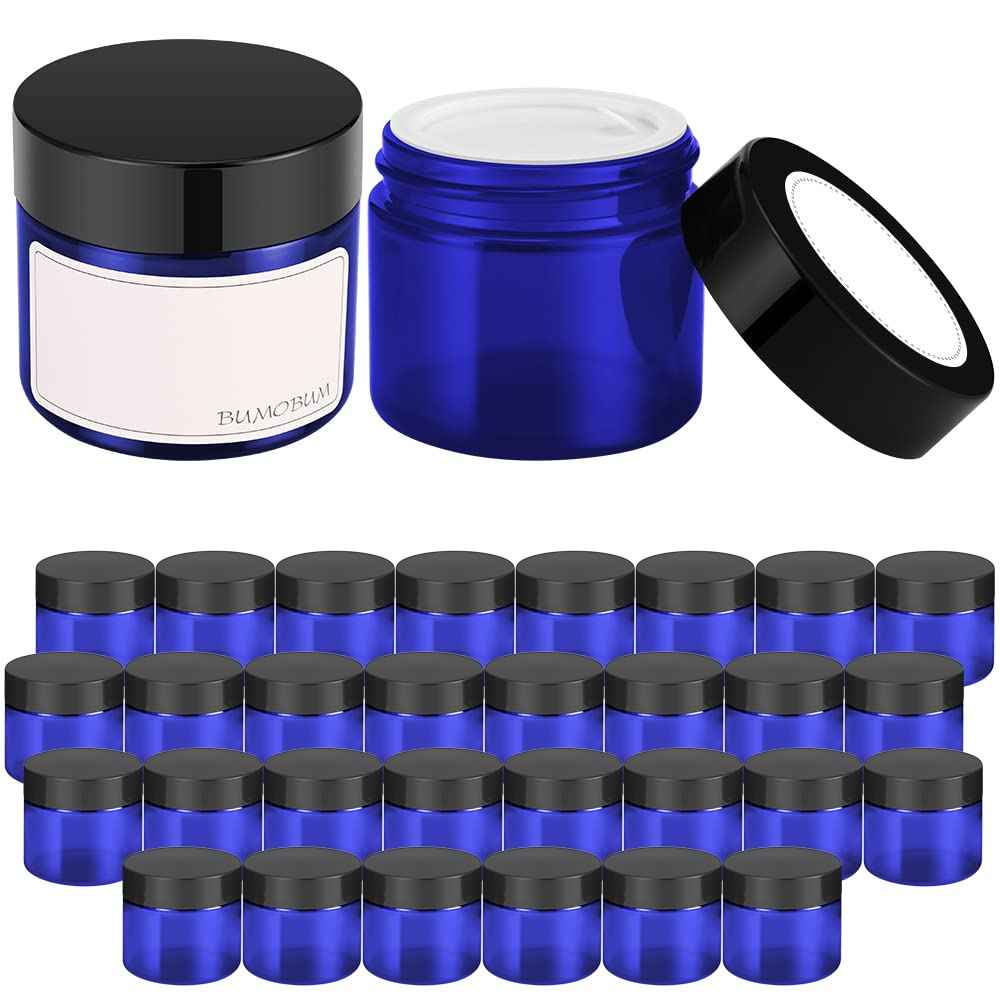 Bumobum 2 oz Glass Jars with Lids, 48 pack Blue Round Small Containers with Black Lids, Blank Labels & Inner Liners, Empty Cosmetic Containers for Sample, Powder, Cream, Lotion