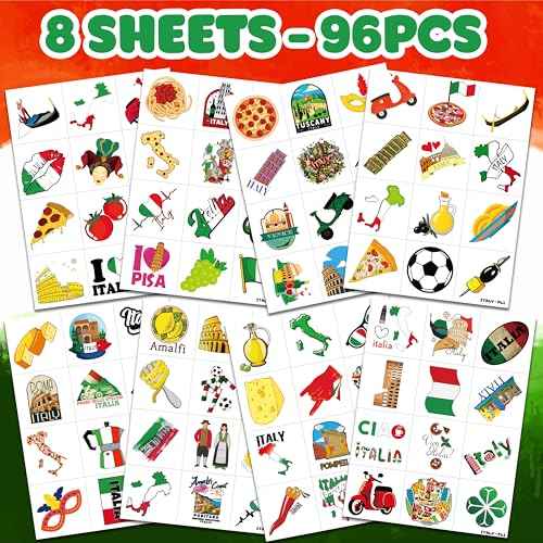 96 PCS Italian Italy Pre-Cut Rome Temporary Tattoos Themed Birthday Party Decorations Supplies Favors D?cor Flag Inspiring Tattoo Stickers Gifts For Game Boys Girls Classroom School Prizes Reward