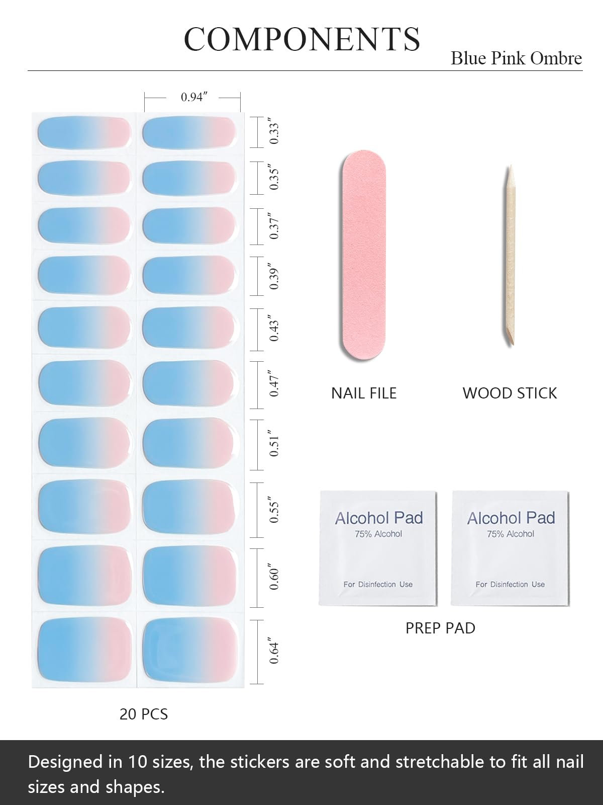 AutyaMee Semi Cured Gel Nail Strips (Blue Pink Ombre)-20 PCS Gel Nail Stickers | UV Light Required | Gel Nail Wraps, Salon Quality & Easy to Use