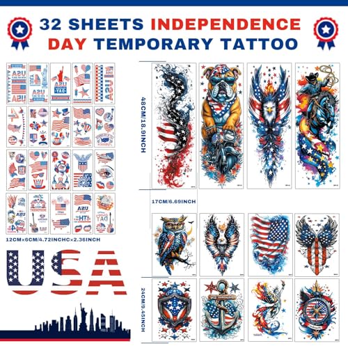 32 Sheets Independence Day Temporary Tattoo, USA Flag Patriotic Waterproof Fake Tattoos, Red White Blue Party Supplies Temp Tattoo Kits 4th of July Memorial Day, Veterans Day Summer Festivals
