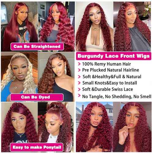 99J Burgundy Deep Wave 13x6 Lace Front Wigs Human Hair 200% Density Lace Frontal Wigs Human Hair Pre Plucked 99j Burgundy Deep Curly Wave HD Lace Front Wigs for Women (24Inch)