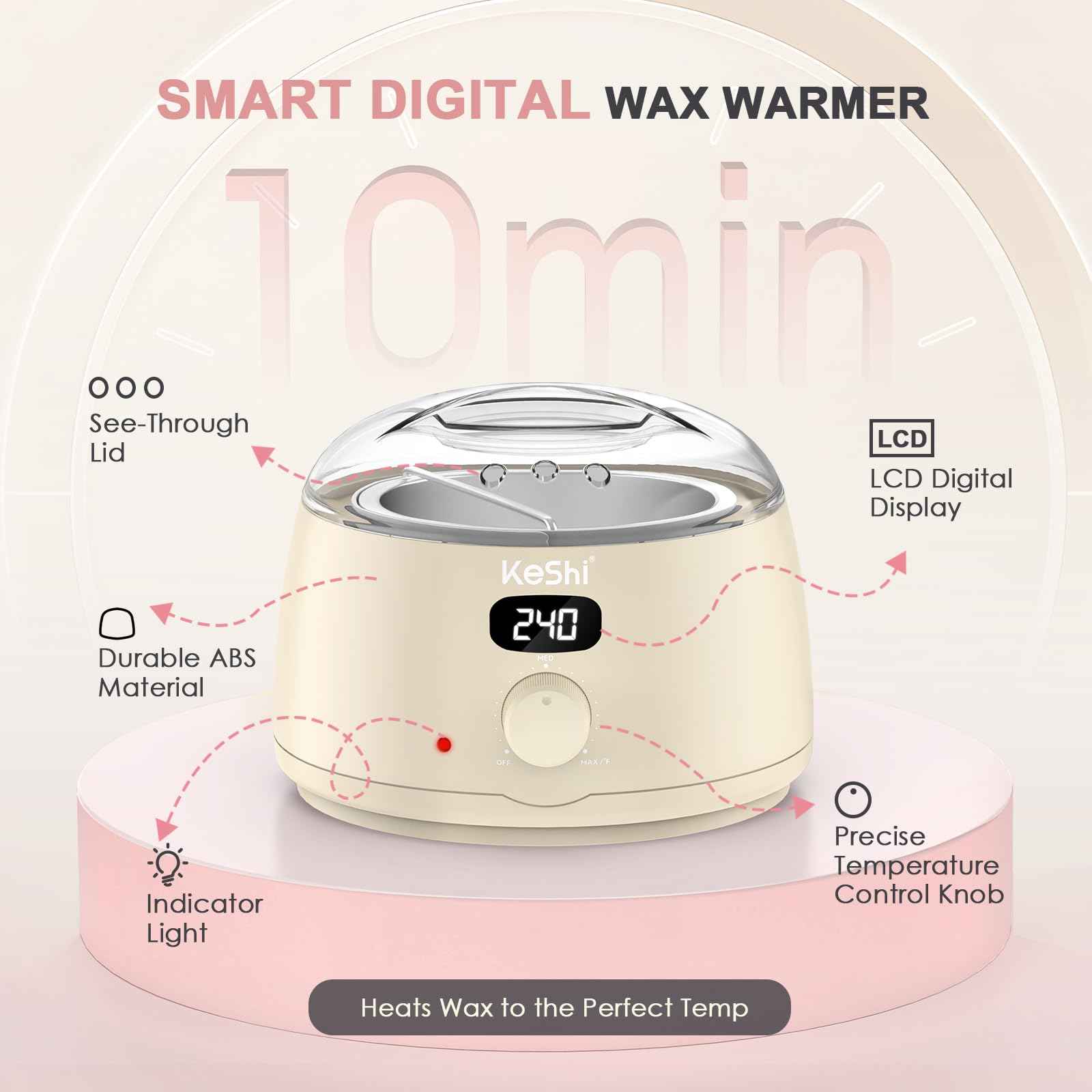 KeShi Waxing Kit for Women and Men, Digital Wax Warmer with 6 Bags Hard Wax Beads, at-Home Hair Removal Wax Kit for Full Body, Face, Eyebrow, Bikini, Legs, Brazilian & Sensitive Skin(Silky Cream)