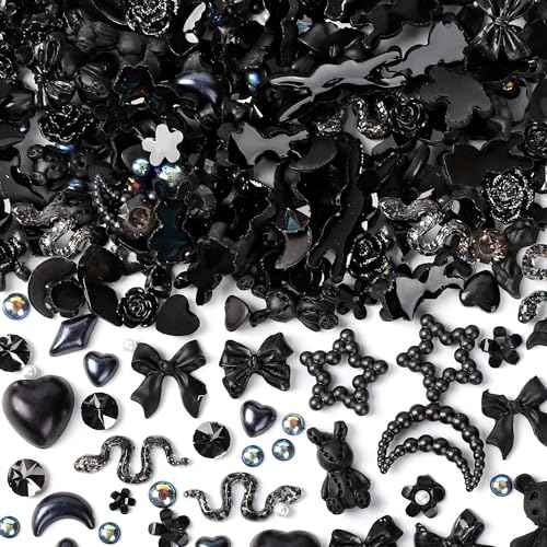 110 Pieces 3D Nail Charms for Acrylic Nails, Camellia Rose Flower Butterfly Bowknot Heart Bear Rabbit Star Charms for Nail Art Designs DIY Accessories Craft(Black+2)