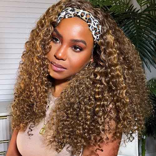 XSY Highlight Ombre kinky Curly Headband Wig Human Hair 20 Inch Headband Wigs For Women Human Hair Glueless None Lace Front Curly Wave Wigs Brazilian Virgin Hair Wear And Go Glueless Wig 150% Density