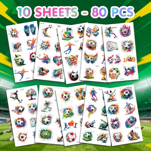 80 PCS Soccer Temporary Tattoos for Kids – 10 Sheets