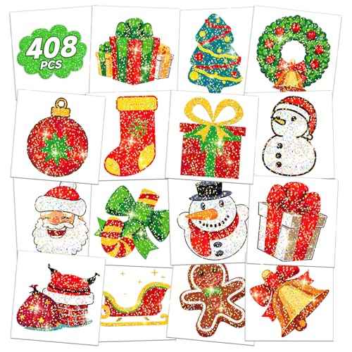 EMOME 408 PCS Christmas Temporary Tattoos, Xmas Glitter Tattoo Stickers for Kids Individually Wrapped Bulk, Merry Christmas Stocking Stuffers for Boys and Girls Party Favor Decorations Supplies
