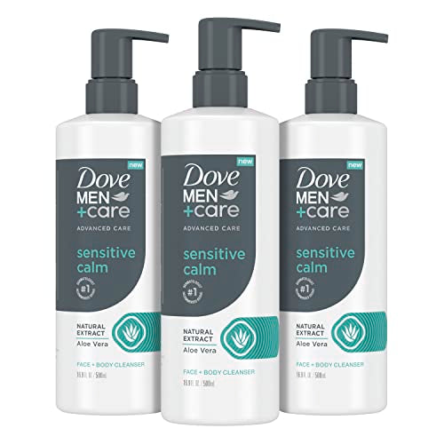 DOVE MEN + CARE Advanced Care Face + Body Cleanser Sensitive Calm 3 Count for Sensitive Skin Body Wash with Natural Extract Aloe Vera 16.9 oz