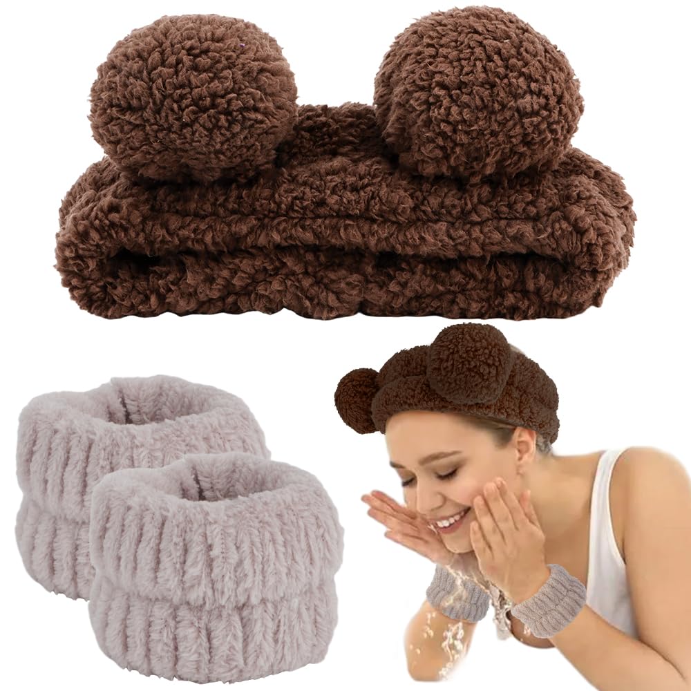 AHONEY Spa Bear Ears Headband, Face Wash Headband and Wristband Set, Cute Makeup Skincare Headbands Wrist Bands for Washing Face Fluffy Headband for Women Girls Elastic Hair Band (Brown)