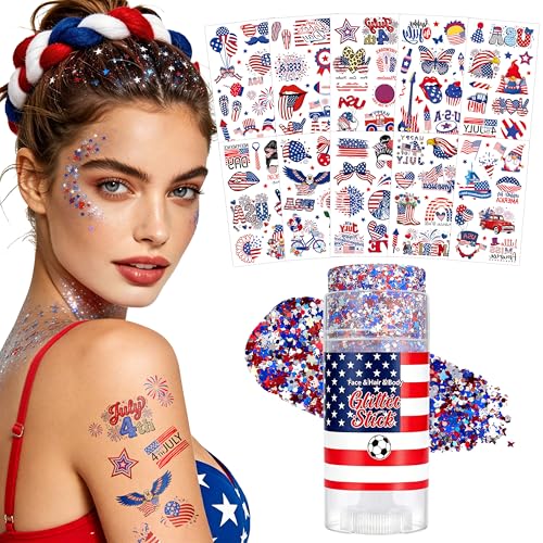 Gloomix Patriotic Face & Hair Glitter Kit Red White Blue with 100 Stickers for 4th of July