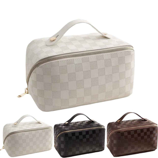 BIVIZKU Large Capacity Brown Checkered Makeup Bags Portable Travel Cosmetic Bags Open-Flat Toiletry Bag for Women Girls Make Up Organizer with Divider Pouch Zipper Bag (white-checkered)