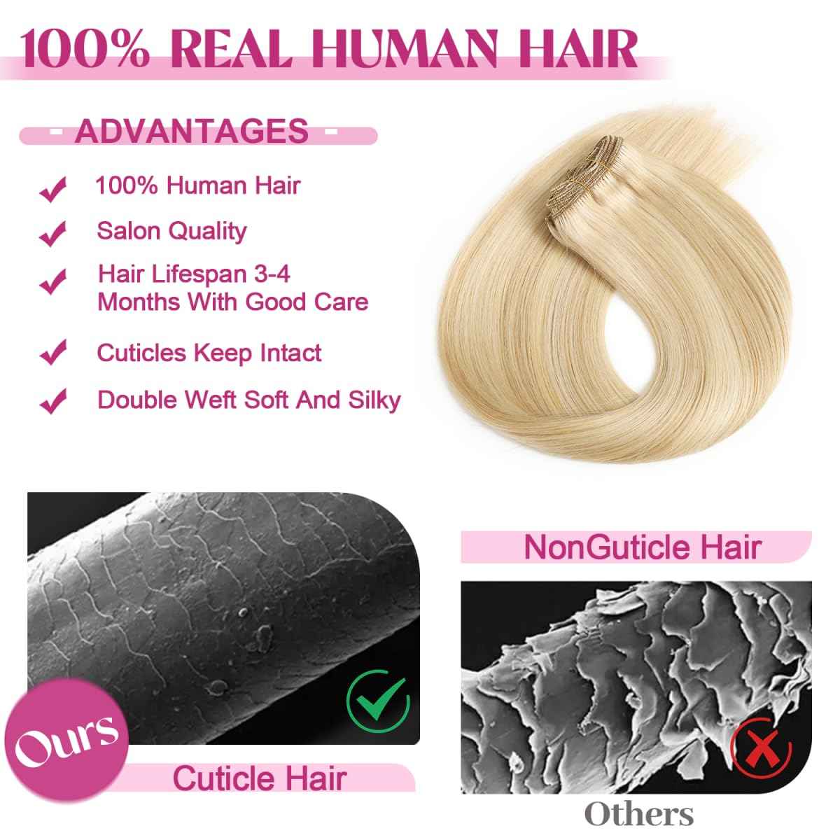POGINJA Clip in Hair Extensions Real Human Hair, Remy Human Hair Extensions Clip ins for Women, 100% Natural Human Hair, Double Weftm, 14inch 80g 8Pcs, #18/613 Dark Blonde Highlighted Bleach Blonde