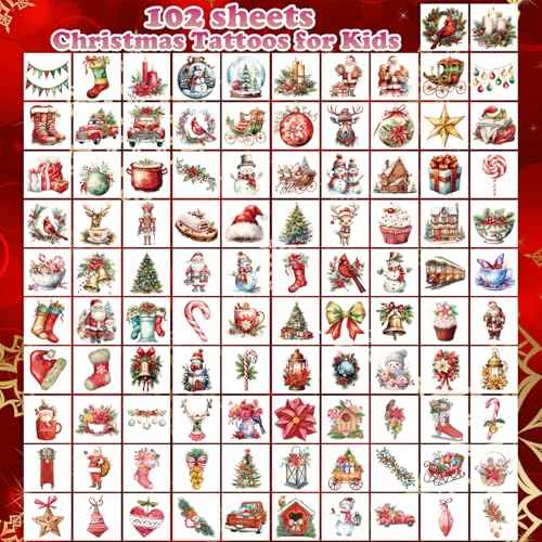 102 PCS Christmas Individually Wrapped Tattoos for kids - Santa/Xmas Trees/Reindeer Temporary for Girls Boy Body Arm Shoulder Tattoos Stickers, Kids Christmas Treats,Christmas Decorations