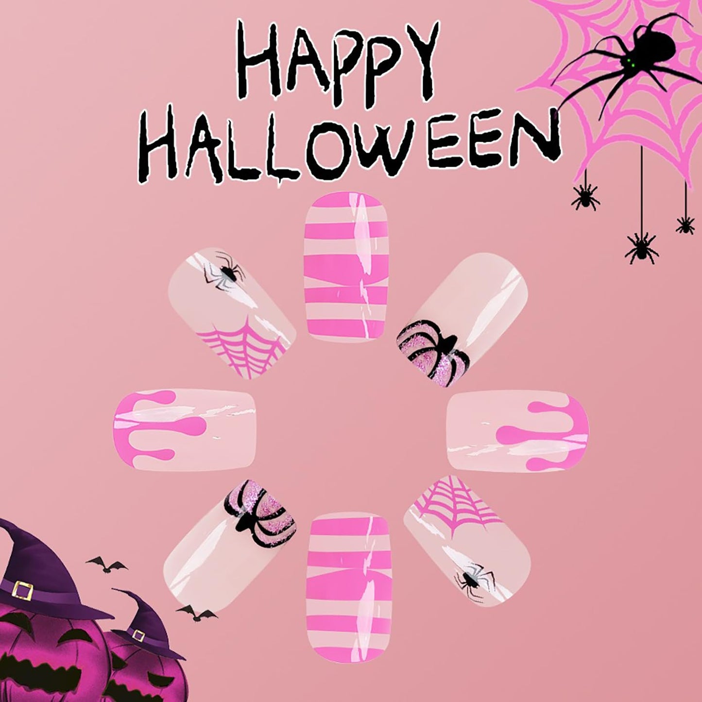 Halloween Press on Nails Short Square Pink Blood Spider Web False Nails with Glitter Pumpkin Bat Designs Full Cover Glossy Glue on Nails Cute Acrylic Nails Halloween Artificial Nails for Women Girls