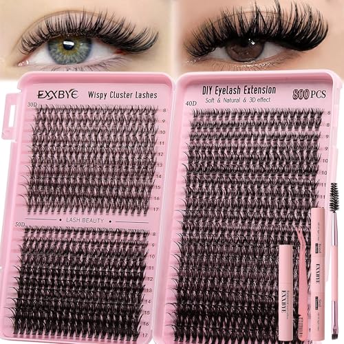 Wispy Lash Clusters Kit 800pcs Lash Extension Kit DIY Eyelash Clusters 30D&40D&50D Lashes Clusters 8-18mm With Lash Bond and Seal, Lash Tweezers, Lash Remover£¬Lash Brush