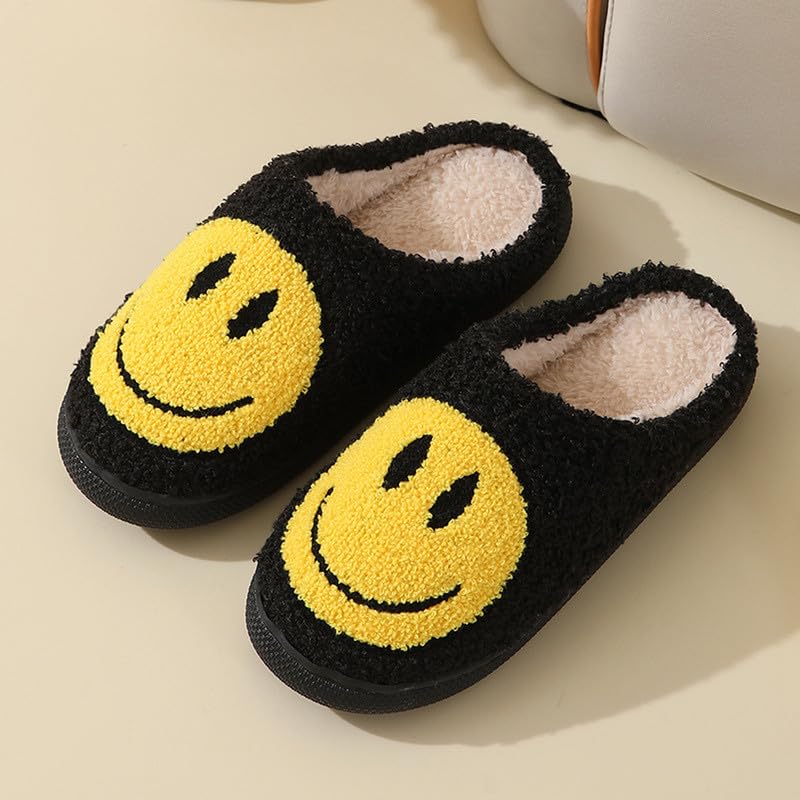 Geibiu Cute Smile Slippers for Women, Retro Soft Plush House Slippers, Warm Cozy Fuzzy Fluffy Happy Face Slippers,Slip-on Indoor Outdoor Preppy Slippers Shoes,Black Yellow