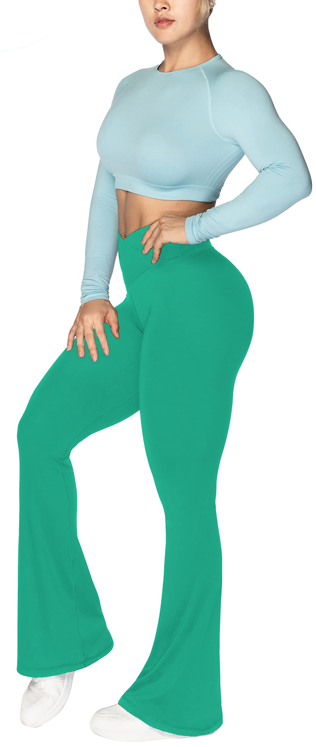 Sunzel Flare Leggings, Crossover Yoga Pants with Tummy Control, High-Waisted and Wide Leg, 32" Inseam, Golf Green X-Small