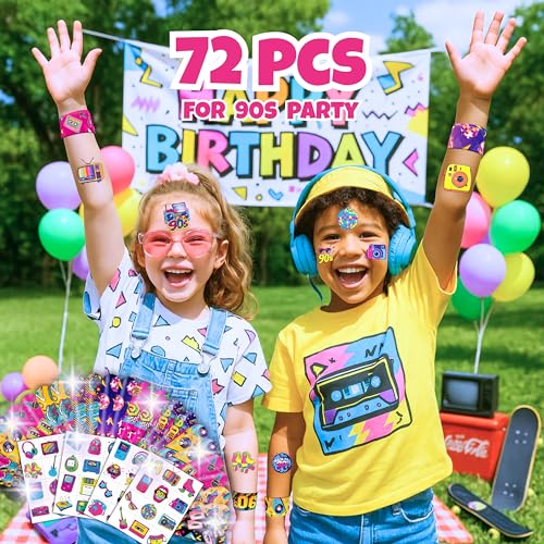 72PCS 80s 90s Party Set - Temporary Tattoos & Slap Bracelets
