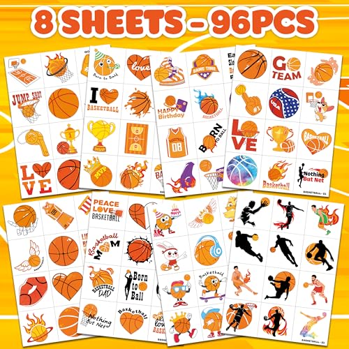 96 PCS Basketball Sports Pre-Cut Temporary Tattoos for Kids | Super Cute Basketball Themed Birthday Party Favors, Supplies, Decorations, Fake Tattoo Stickers, School Rewards & Gifts for Boys & Girls