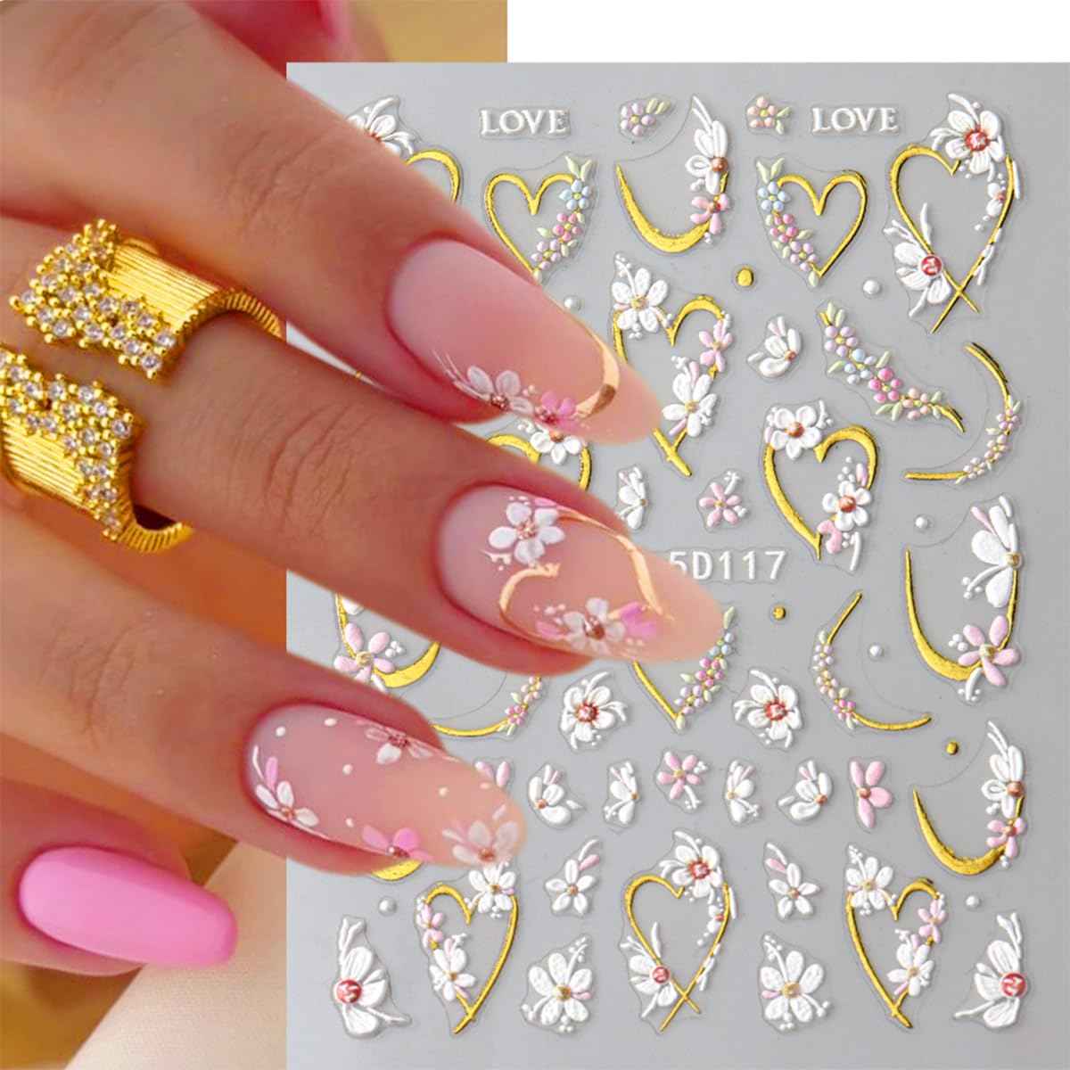 JMEOWIO 3D Embossed Flower Nail Art Stickers Decals Self-Adhesive 5D Spring Summer Floral Nail Supplies Nail Art Design Decoration Accessories 4 Sheets