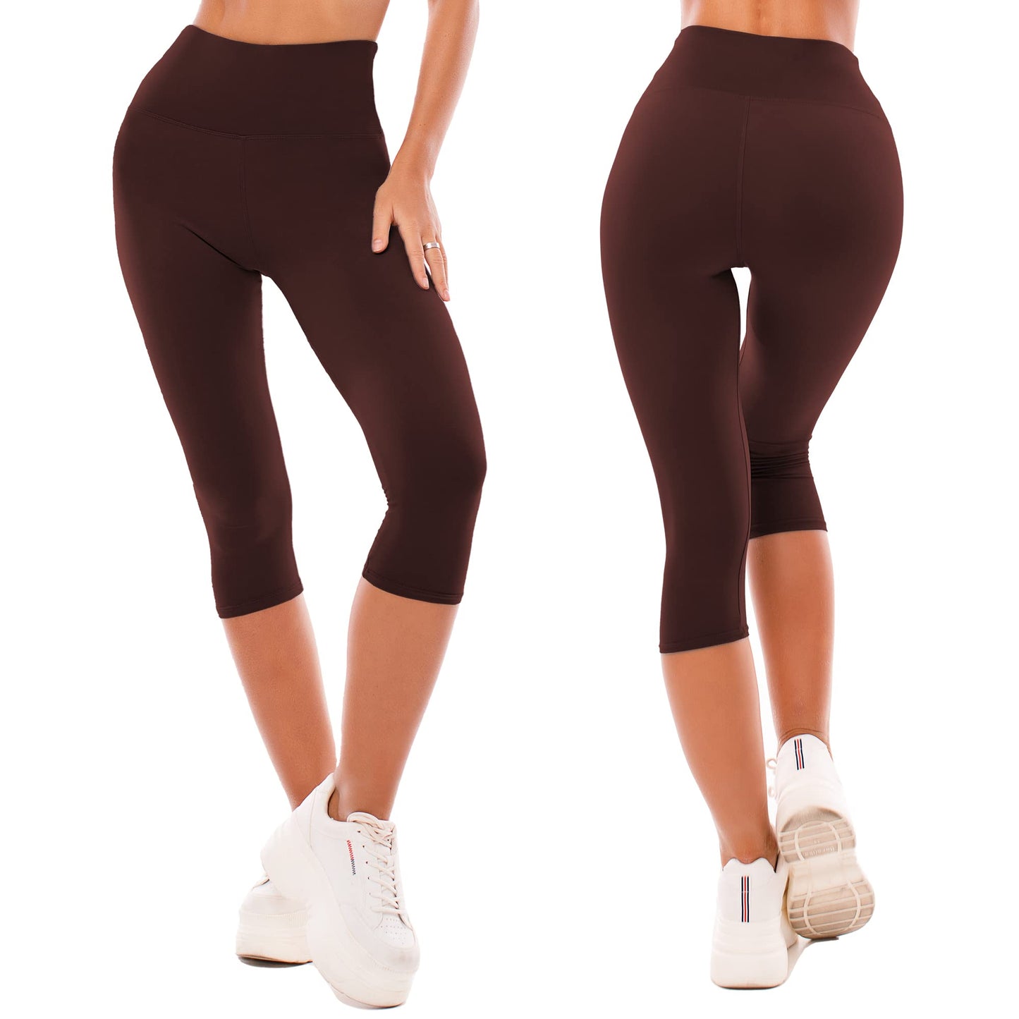 SINOPHANT High Waisted Leggings for Women - Full Length Capri Buttery Soft Yoga Pants for Workout Athletic(Capri Brown,S-M)