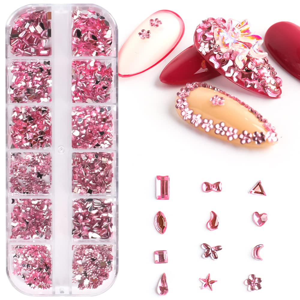 3D Pink Nail Art Rhinestones, Sparkly Nail Gems and Rhinestones Kit, Multi Shapes Crystal Pink Flatback Diamonds Rhinestones for Nails Design, Makeup, DIY Crafts, Jewels