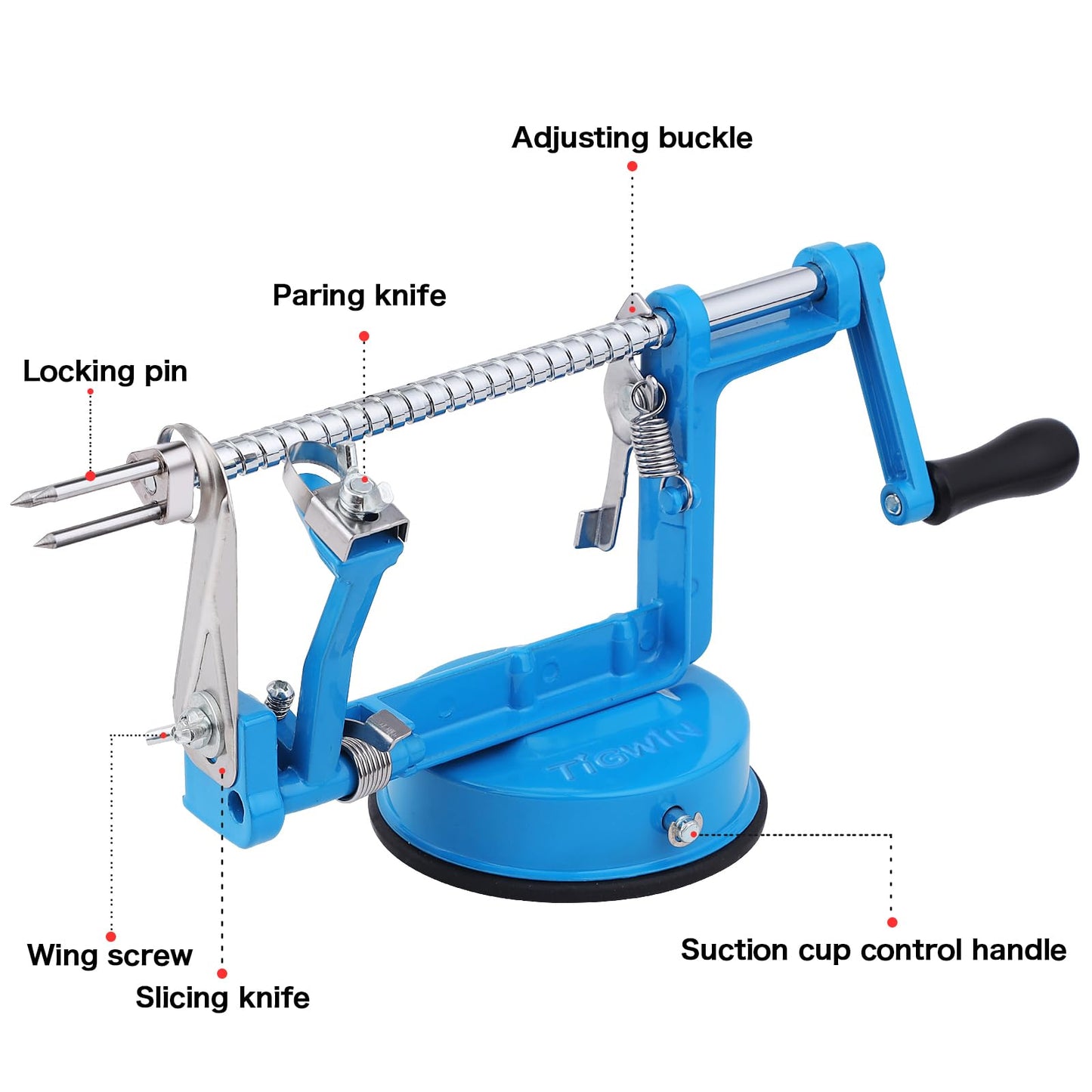 Apple Peeler Corer, Long lasting Chrome Cast Magnesium Alloy Apple Peeler Slicer Corer with Stainless Steel Blades and Powerful Suction Base for Apples and Potato(Lake Blue)