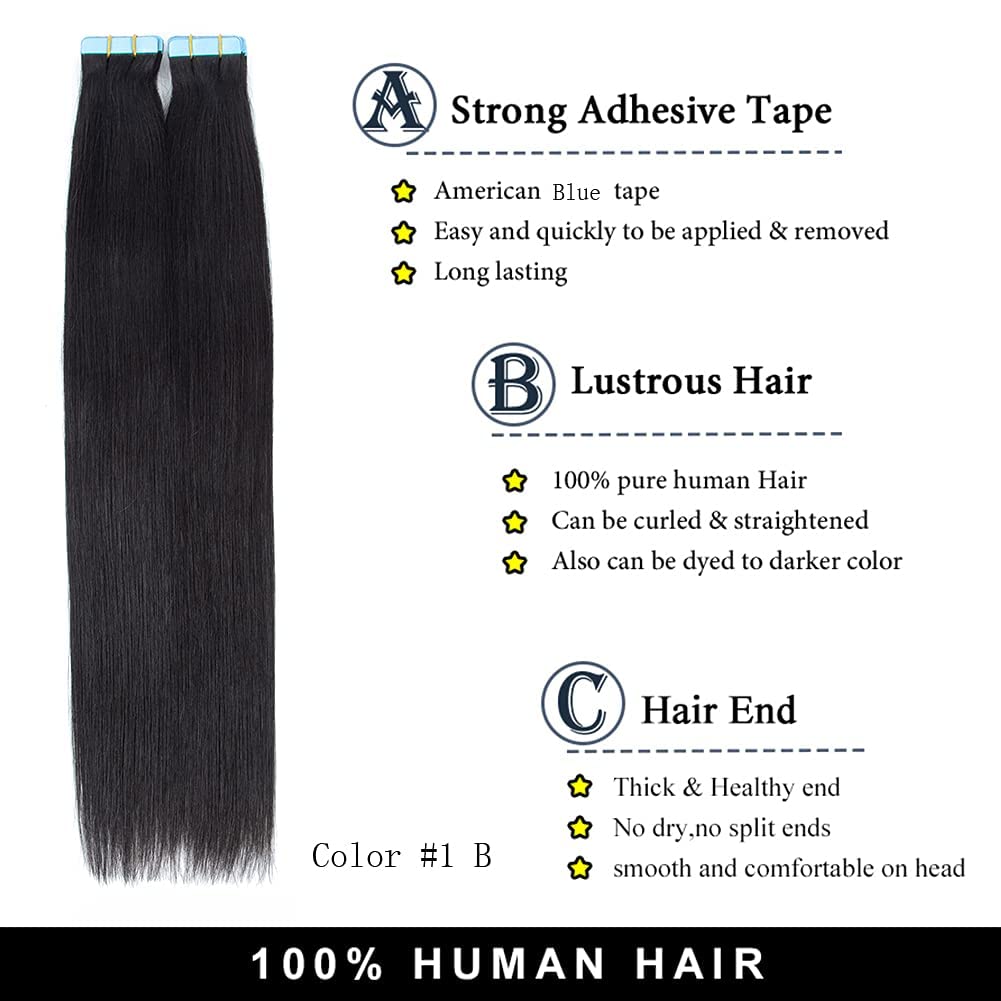 Amella Hair Tape in Hair Extensions Off Black Color Tape in Human Hair Extensions 12 inch Silky Straight Seamless Skin Weft Real Human Hair 40-45g/20pcs