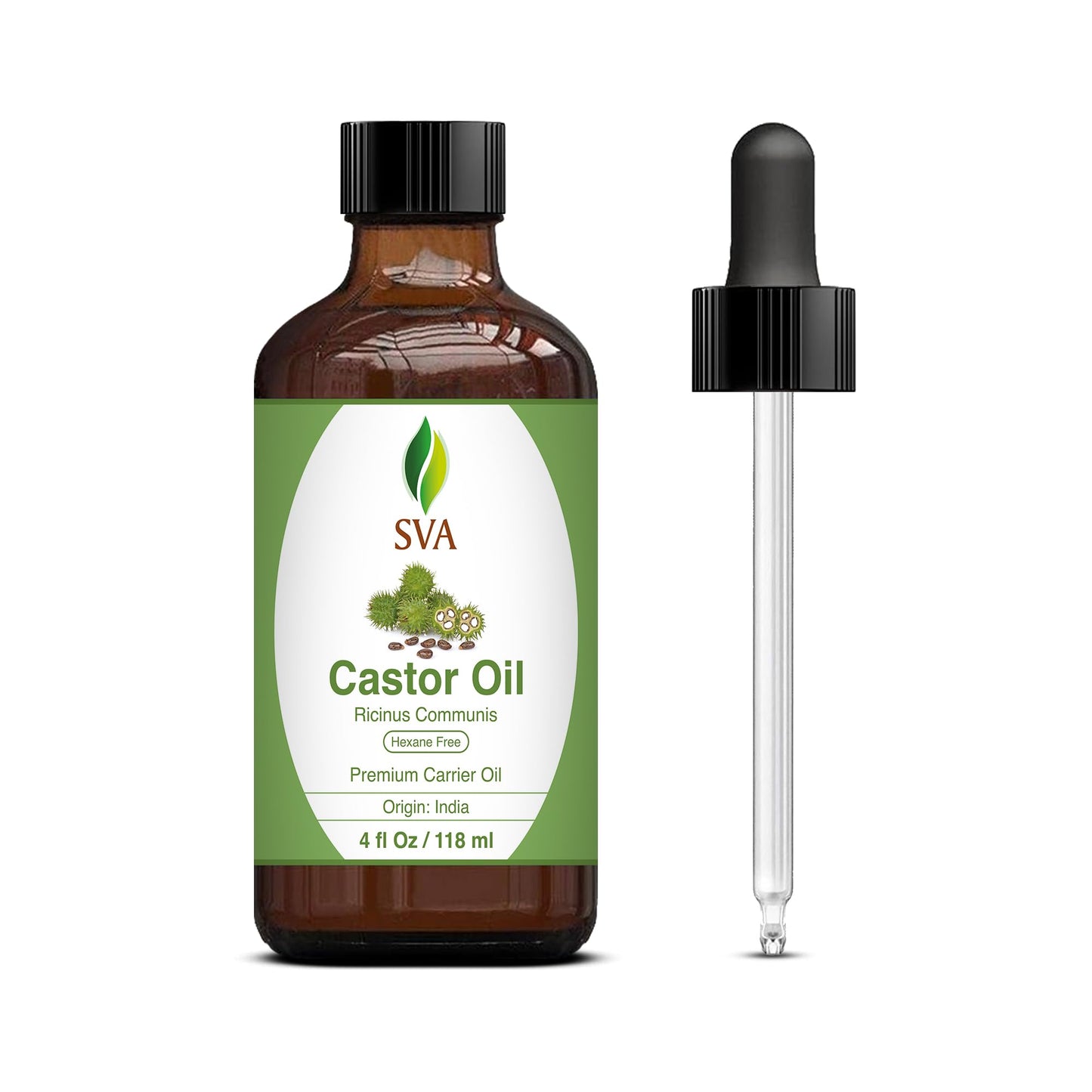 SVA Castor Seed Oil - 4 Fl Oz – 100% Natural Cold Pressed Castor Oil - for Face, Skin Care, Hair Care, Scalp Massage & Body Massage – Carrier Oil with Dropper