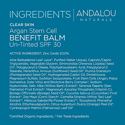 Andalou Naturals CLEAR SKIN Argan Stem Cell BB Benefit Balm, Un-Tinted SPF 30, 2-in-1 BB Cream & Face Sunscreen with Broad Spectrum Protection, Mineral Sunscreen for Oily Skin, 2 Fl Oz