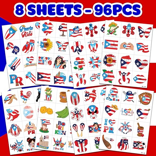 96 PCS Puerto Rico PR Puerto Rican Flag Pre-Cut Temporary Tattoos for Kids | Super Cute Themed Birthday Party Favors, Supplies, Decorations, Fake Tattoo Stickers (multiple)