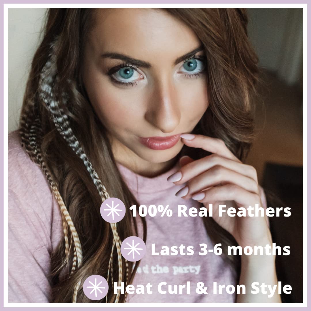 Feather Hair Extensions, 100% Real Rooster Feathers and bead loop kit, 20 Long Thin Tie Dye Ginger Brown and Black and White grizzly striped Ombre Bayalage natural look