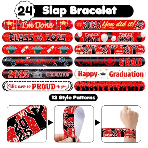 48 PCS 2025 Graduation 24PCS Temporary Tattoos Stickers 24PCS Slap Bracelets Wristbands Perfect for Themed Class Party Supplies Grad & So Proud of You High School College (Red)