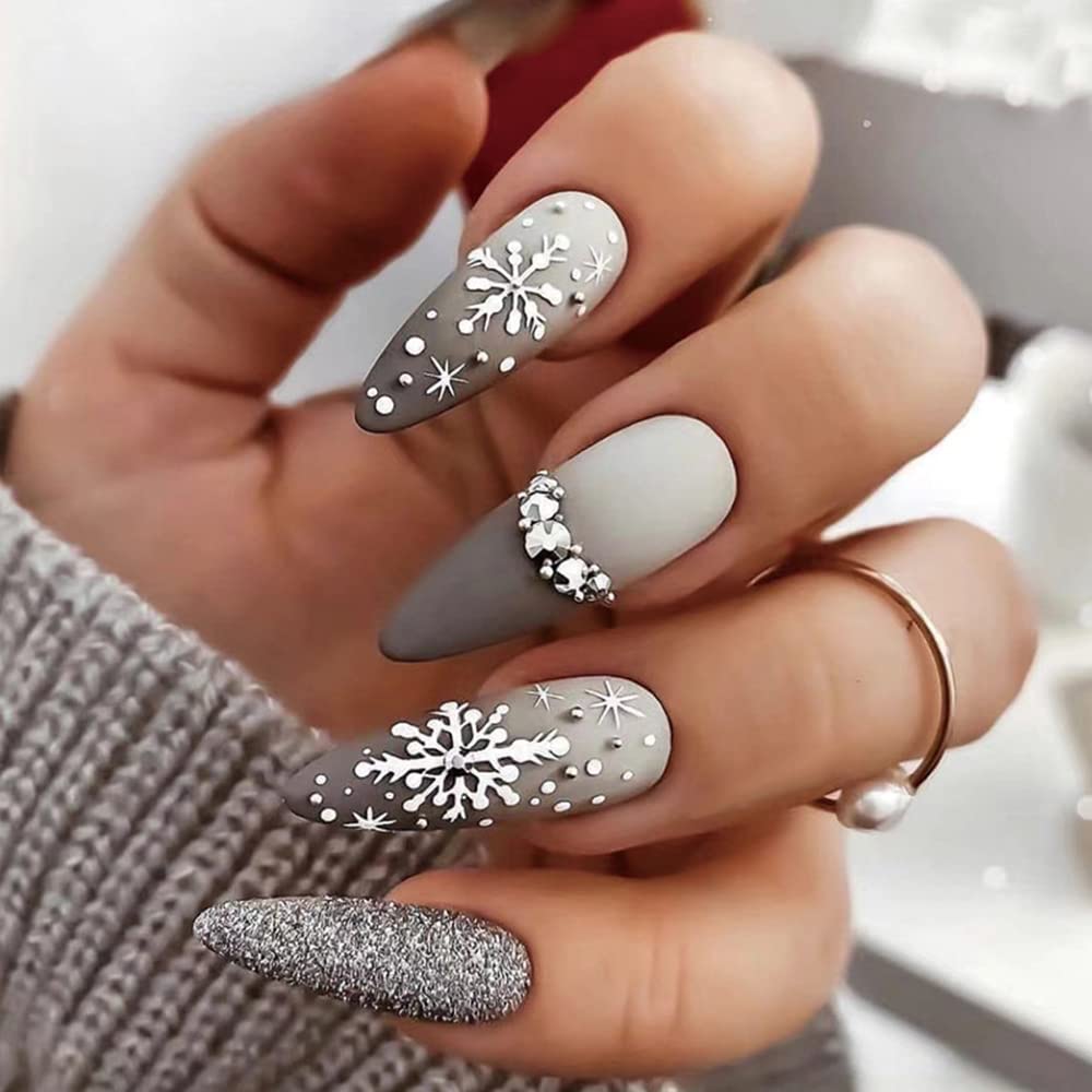 Christmas Special Design Press on Nails Medium Snowflake Glitter Flake Nails with Nail Rhinestones Almond Matte Gradient Coffin False Nails Full Cover Nail Tips for Women and Girls 24Pcs