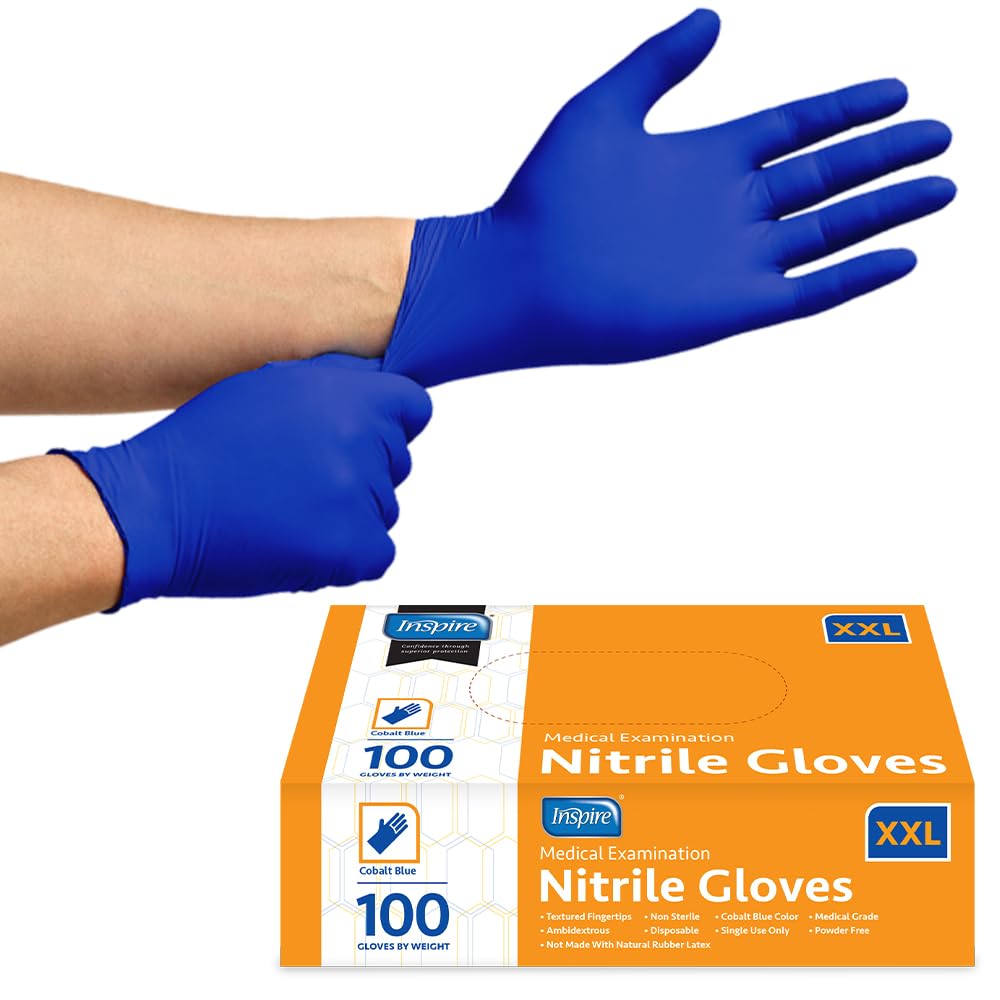 Inspire Nitrile Gloves | THE ORIGINAL Quality Stretch Nitrile Exam Cobalt Blue | Chemical Resistant Gloves | 4.5 Gloves