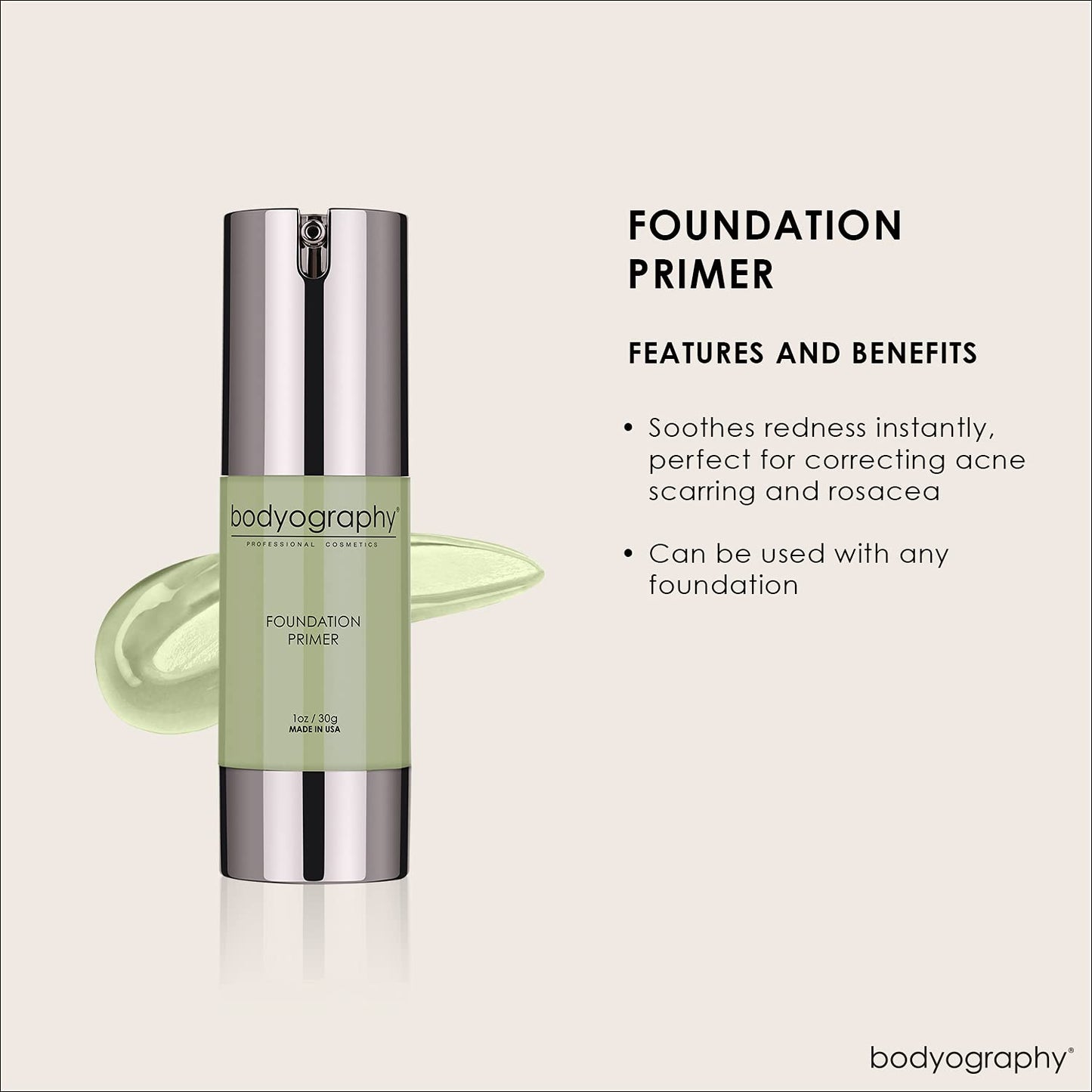 BODYOGRAPHY - Foundation Primer (Green): Flawless Anti-Aging Salon Makeup Primer w/Vitamin E, A, Jojoba, Grapeseed Oil | Control Shine | Gluten-Free, Cruelty-Free, 1 oz.