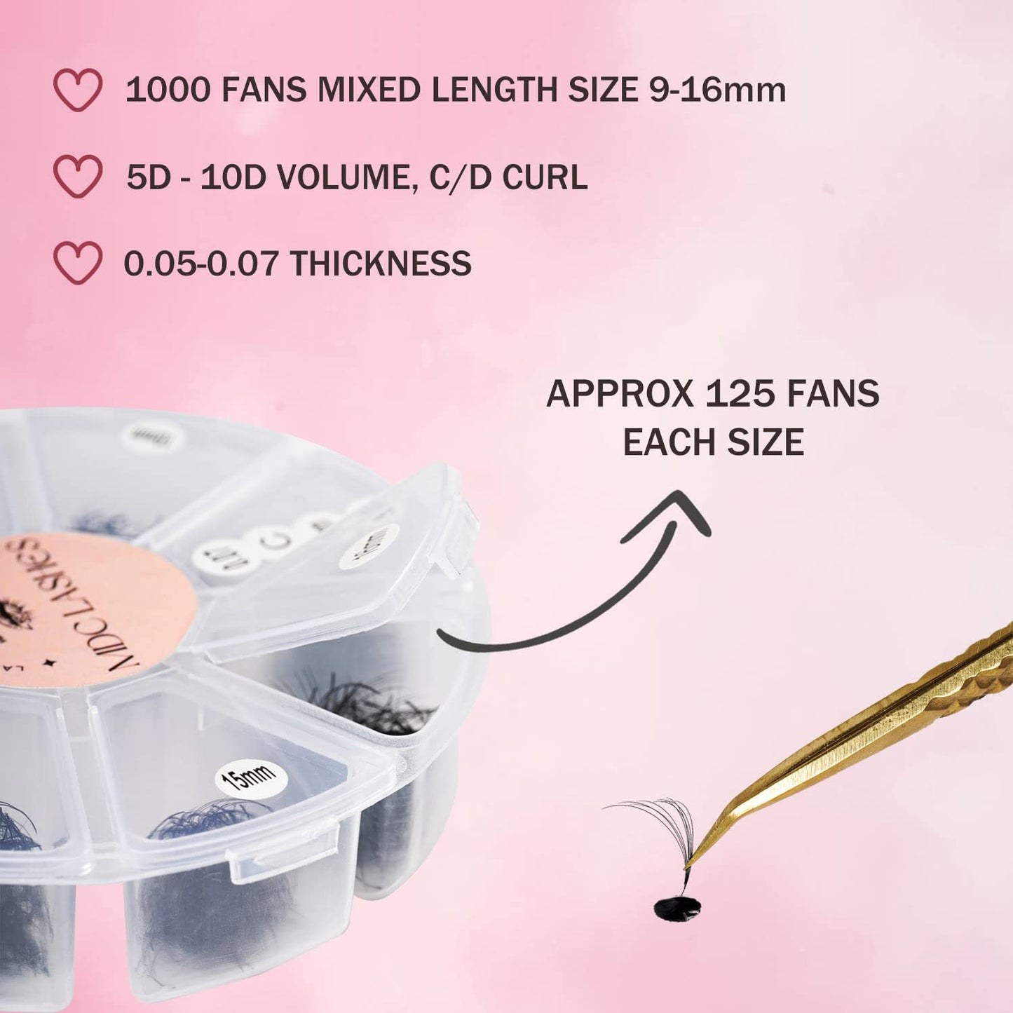 MDC LASHES Promade Eyelash Fans Mix Length 1000 Fans Volume Lash Extensions 8D-16D, C D Curl, 9-16mm Length, 0.05-0.07 Short Stem Promade Premade Pre Pro Loose Fans Eyelash Extension, Easy Application