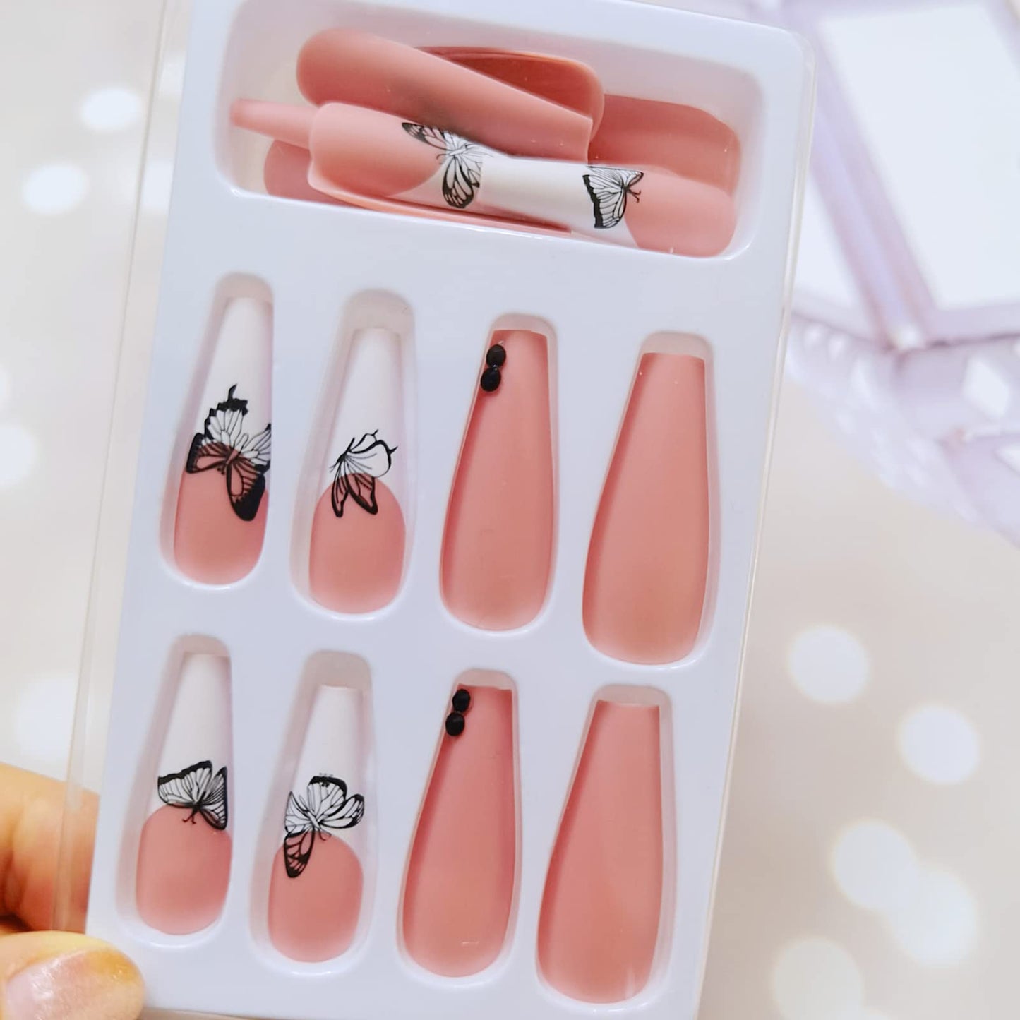 Coffin Press on Nails Long with Butterfly Designs Pink and White Long Fake Nails Glossy Full Cover Glue on Nails with Designs Acrylic Nails for Women 24PCS