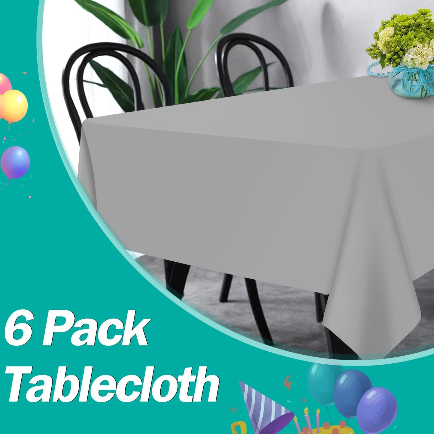 tujol Silver 6 Pack Plastic Table Cloth 54" x 108", Disposable Tablecloths Rectangle Table Cover, Plastic Table Cloths for Parties