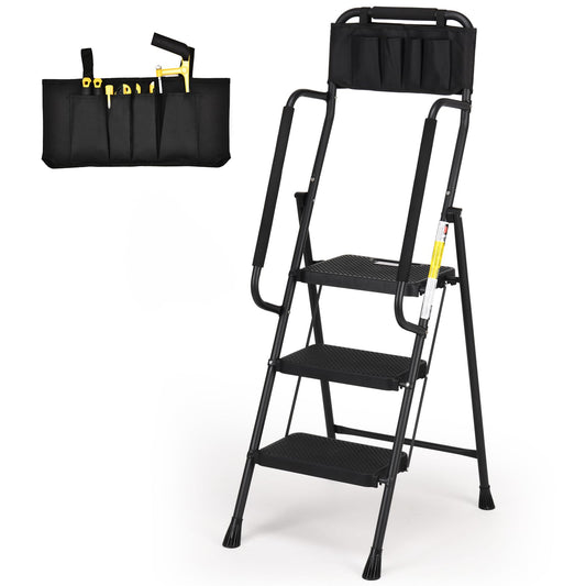 HBTower 3 Step Ladder with Handrails, Folding Step Stool with Wide Anti-Slip Pedal, 500lbs Sturdy Steel Ladder, Convenient Handgrip, Lightweight, Portable Steel Step Stool, Black