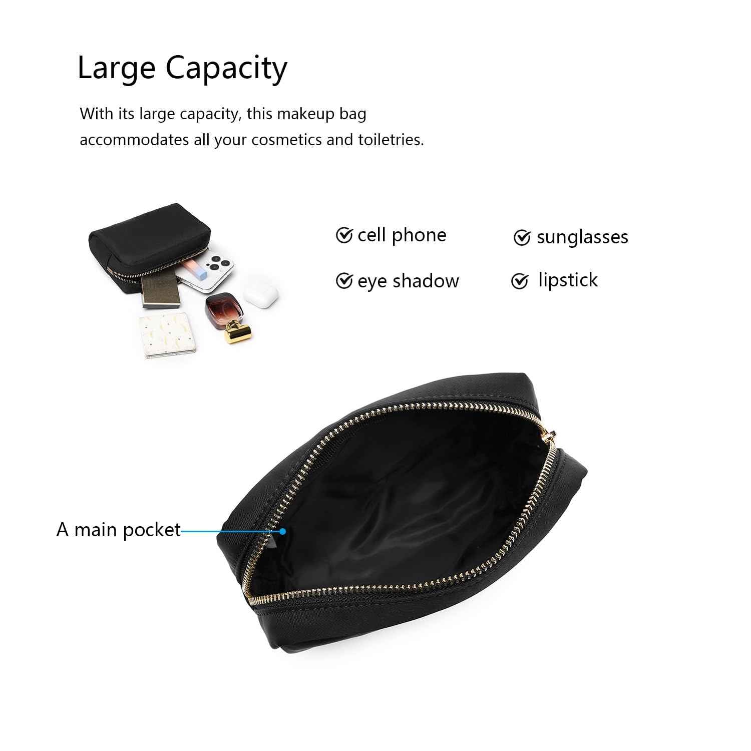 YONBEN Waterproof Makeup Bag Large Capacity Women's Classic Black Wash Bag Adjustable Partition Wash Bag Brush and Cosmetic Carrying Bag…