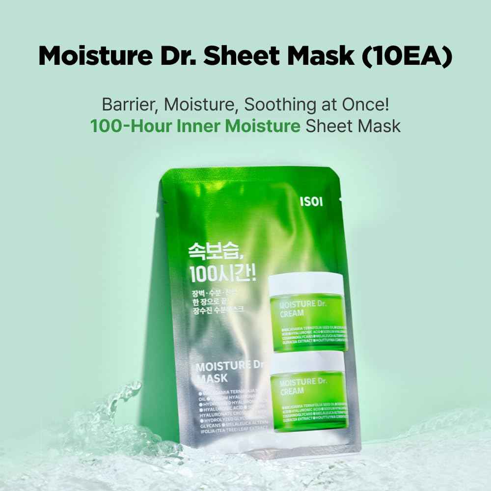 ISOI Moisture Dr. Mask Pack, Hydrating & Soothing Korean Sheet Mask for Face with Tea Tree, Ceramide & Hyaluronic Acid, Nourishing Skin Barrier Care, Korean Skin Care (10EA)