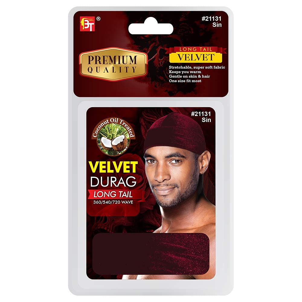 Durag - Velvet Long Tail 360/540/720 Wave - Premium Soft Quality Fabric, Coconut Oil Treated Stretchable Headwraps, Headtie, Headwear for Men and Women (Burgundy - 1 pack)