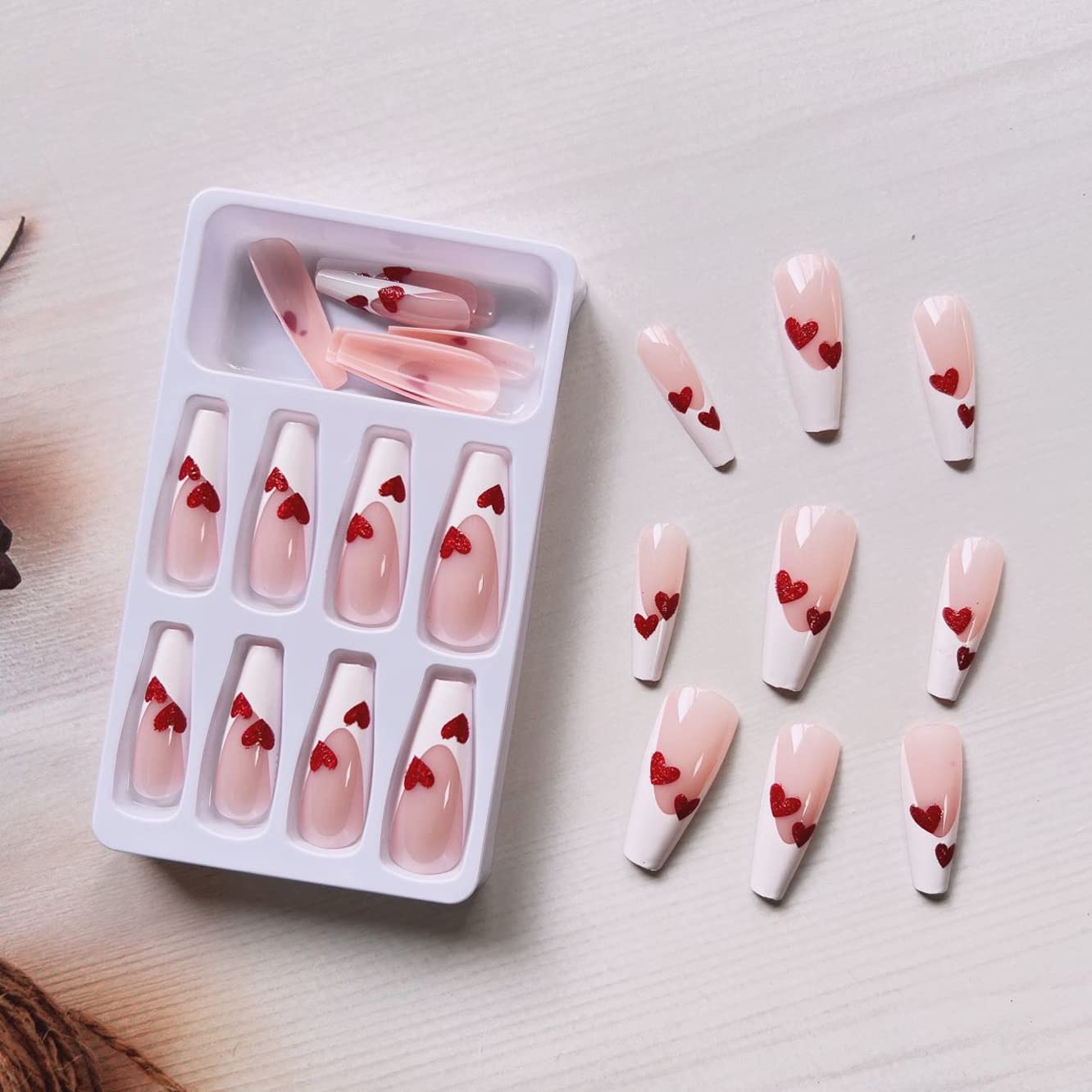 24 Pcs Heart Press on Nails Long Ballet Fake Nails Wine Red Heart Shining Glue on Nails Glossy False Nails with Designs Full Cover White Acrylic Valentines Nails for Women Girls Manicure Decorations